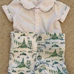 Ann + Reeves Christmas Toile White and Green Printed Baby Boy Outfit - 9 Months